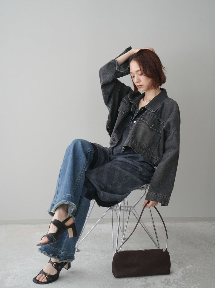 【套裝】牛仔短版襯衫外套+不對稱格紋蕾絲吊帶背心+流蘇半喇叭牛仔褲（三件套）