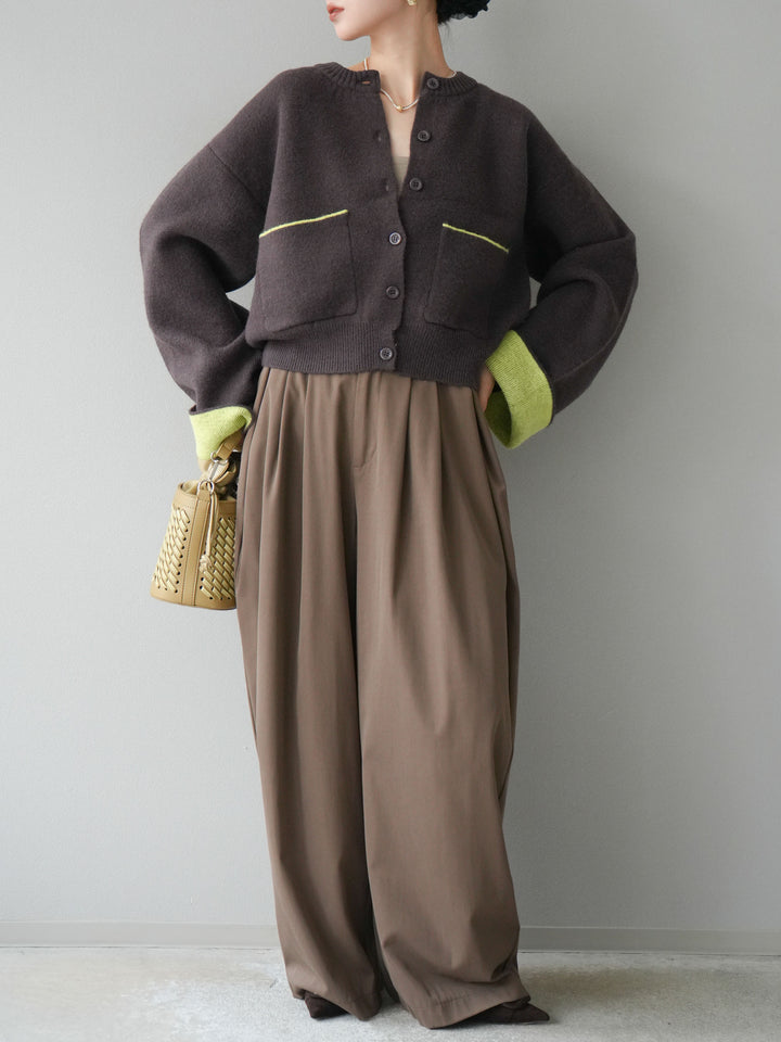 【SET】雙色針織開襟衫+褶襉設計寬褲（2套）