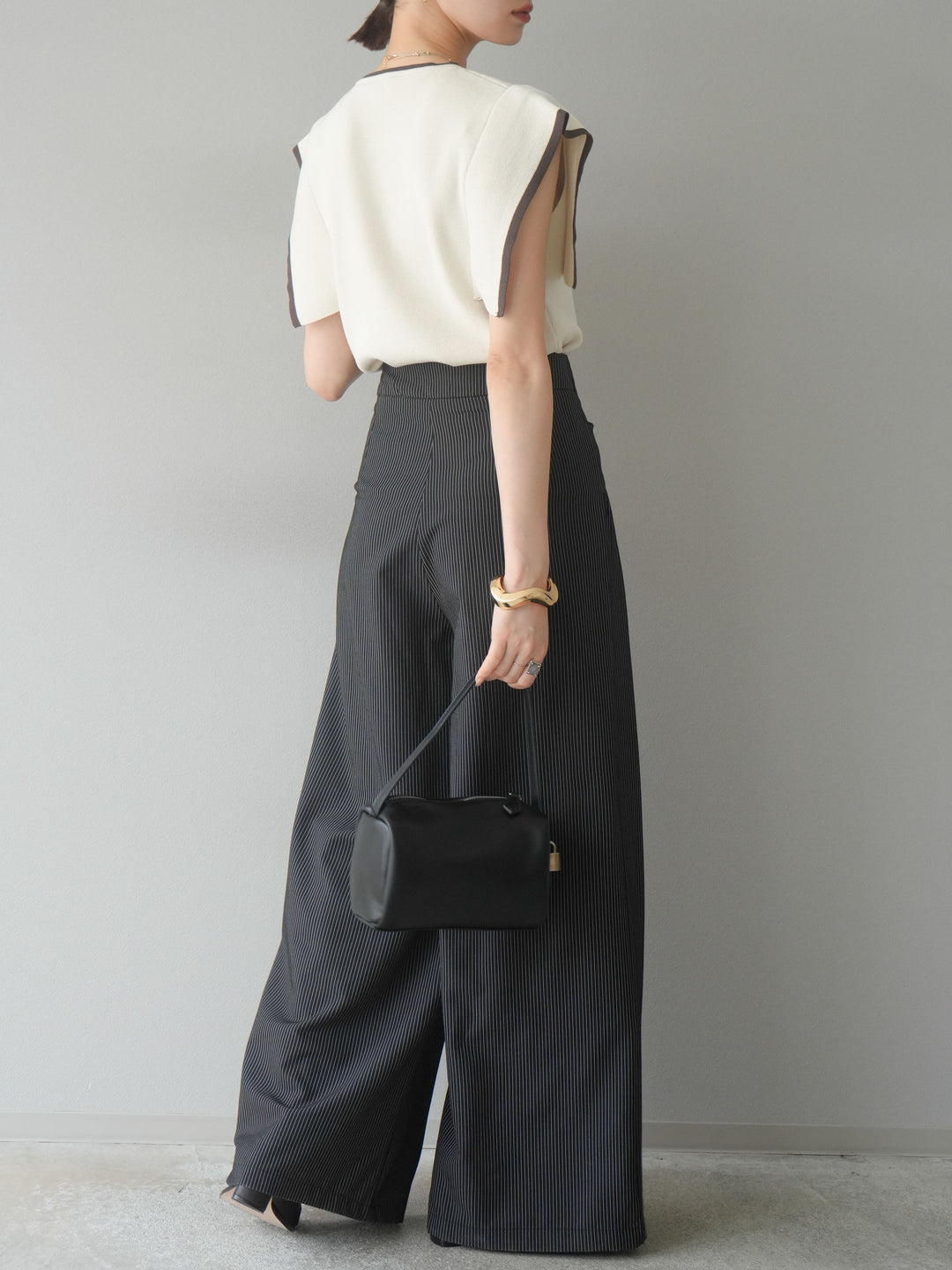 【預購】條紋裹腰闊腿褲/黑色