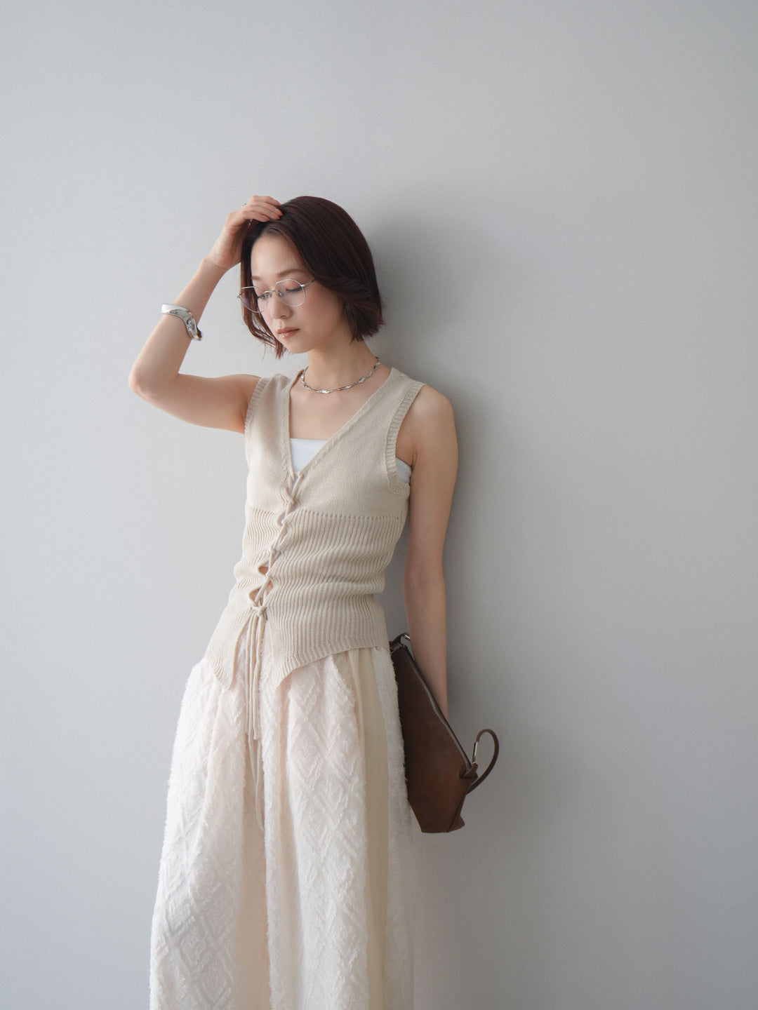 [予約]レースアップリブニットタンクトップ/beige