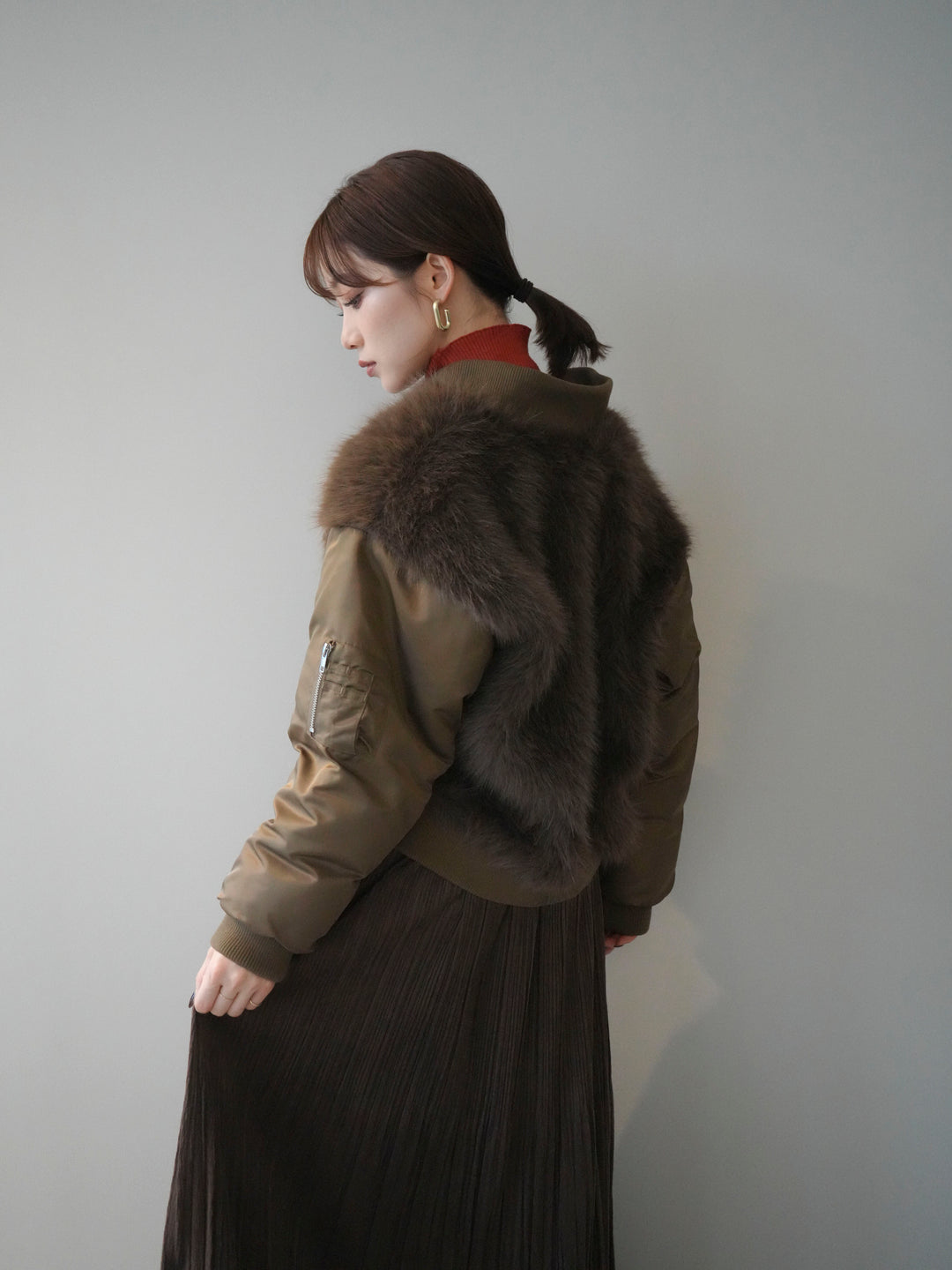 [SET]ファードッキングMA-1+袖ボタンボトルネックリブニットトップス(2set)