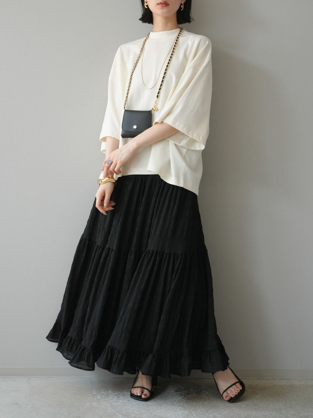 [予約]ワッシャーティアードスカート/ブラック