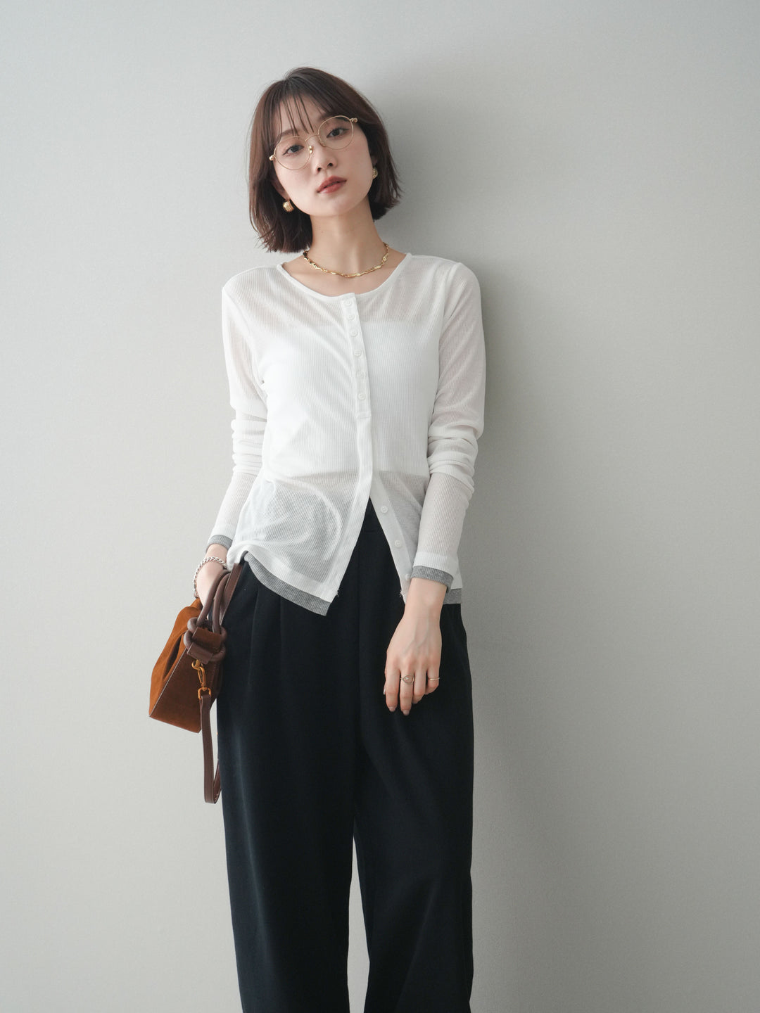 [予約]シアーリブバイカラーカーディガン/white