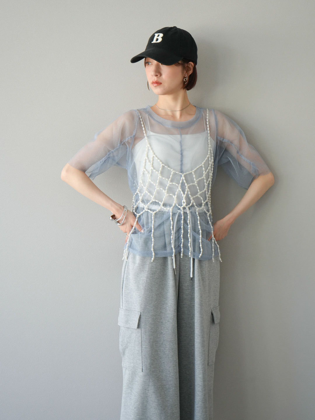 [SET]ラメチュールシャーリングプルオーバー+パールフリンジビスチェ(2set)