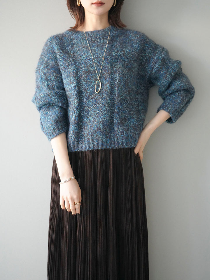 [予約]ワイドケーブルミックスニットプルオーバー/blue