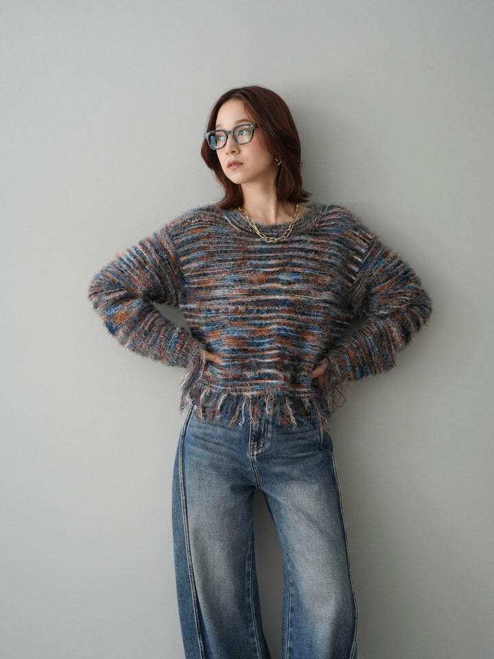 [SET]裾フリンジミックスヤーンシャギープルオーバー+サイド切替カーブデニムパンツ(2set)