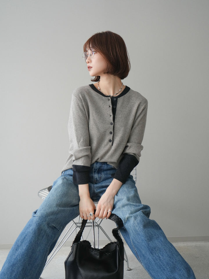 [SET]ヘンリーネック配色ニットソー+ヘンリーネック配色ニットソー(2set)