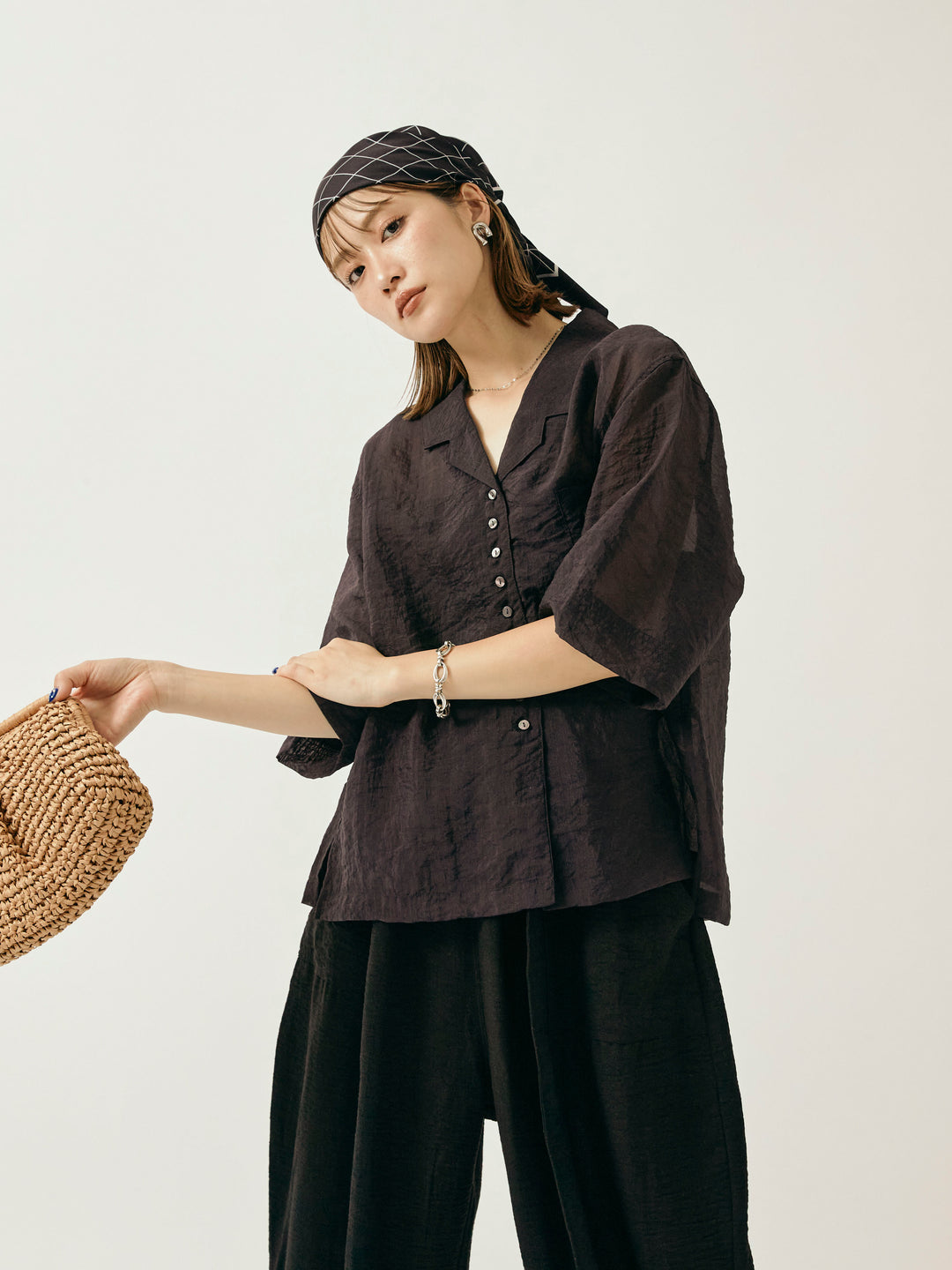 【Allure】[SET]シャイニースラブシアー開襟ハーフシャツ+シャイニースラブシアー開襟ハーフシャツ(2set)