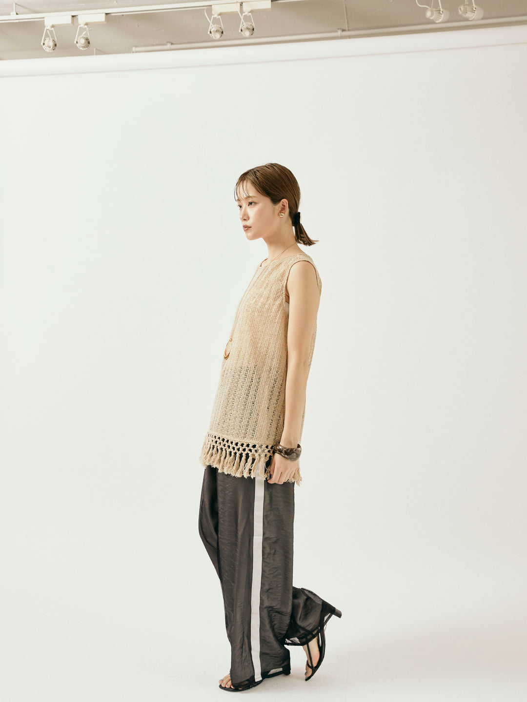 [予約]オーガンジーレイヤードサイドラインパンツ/ブラック