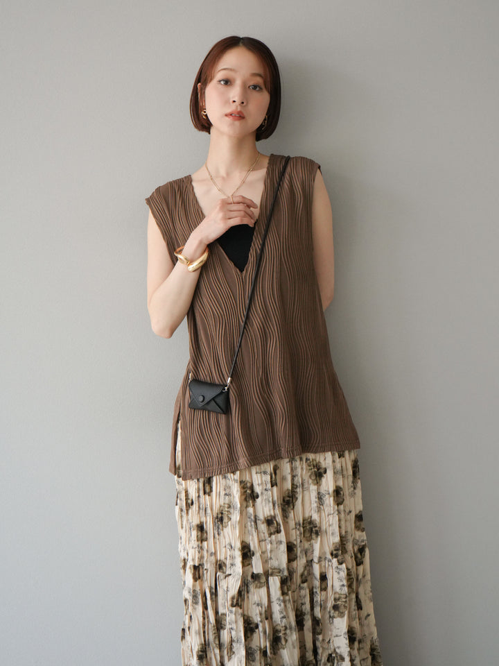 [SET]ウェーブパイピングVネックベスト+フラワーワッシャーロングスカート(2set)