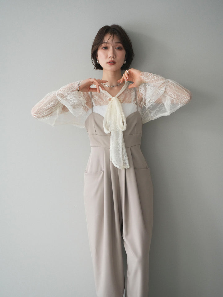 [SET]バックデザインサロペット+リバーレースボウタイトップス(2set)