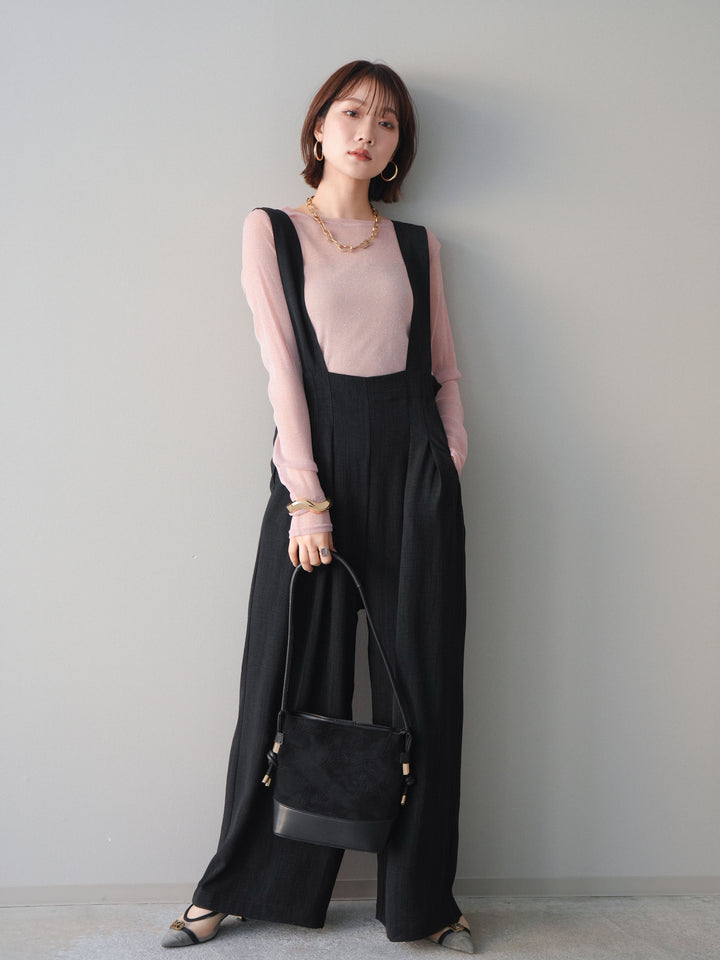 [予約]シボ加工ハイウエストタックサロペット/black