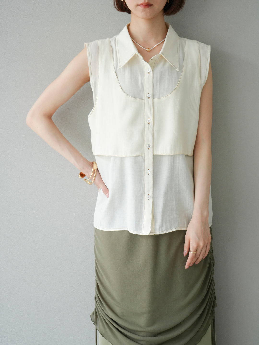 [予約]ステッチシアーレイヤードデザインブラウス/アイボリー