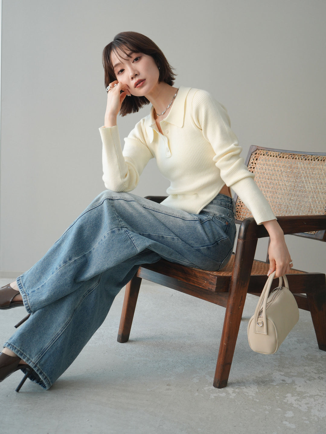 [予約]リブポロニットボディスーツ/ivory