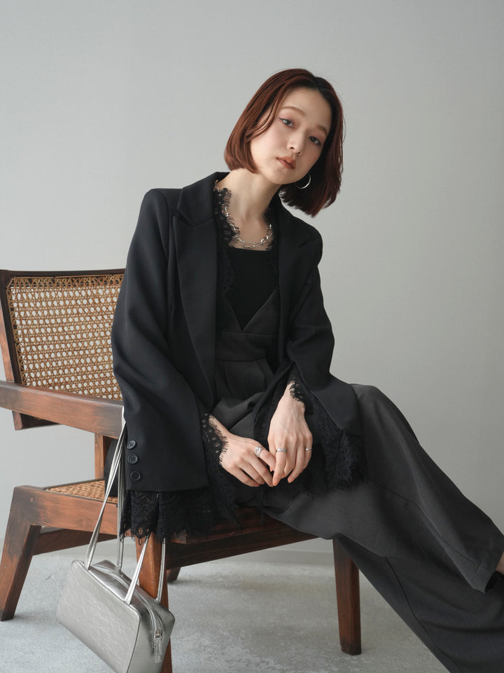 [SET]レースレイヤードスリットジャケット+バックデザインサロペット(2set)