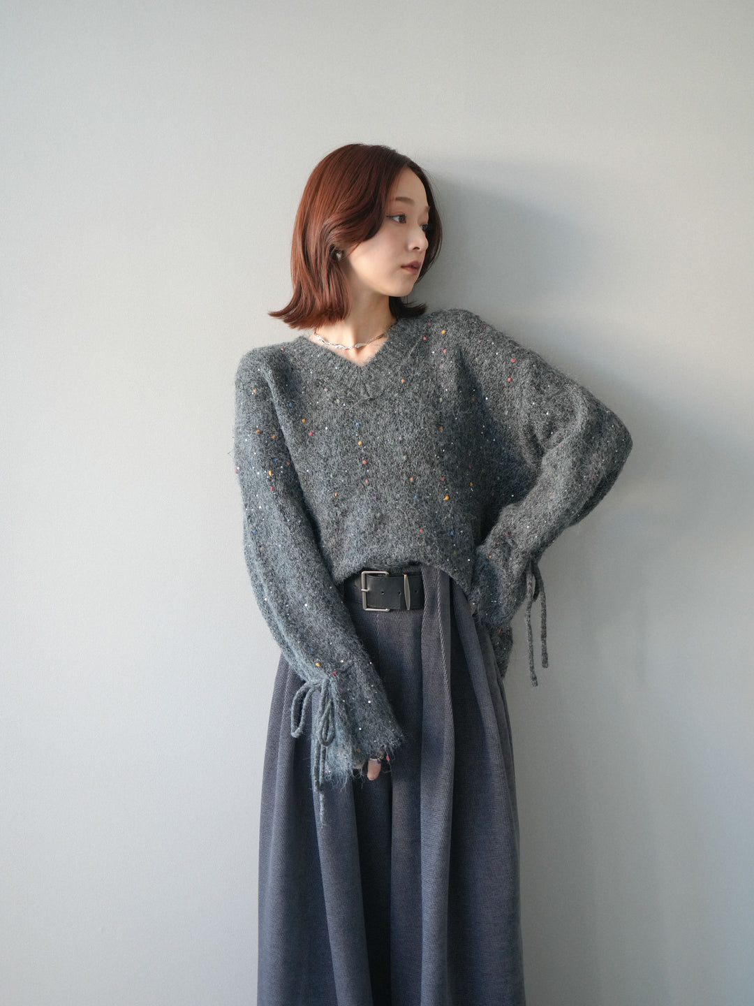 [SET]キャンディースリーブカラーネップスパンコールニットプルオーバー+ベルトデザインループコールテンワイドパンツ(ベルト付き)(2set)