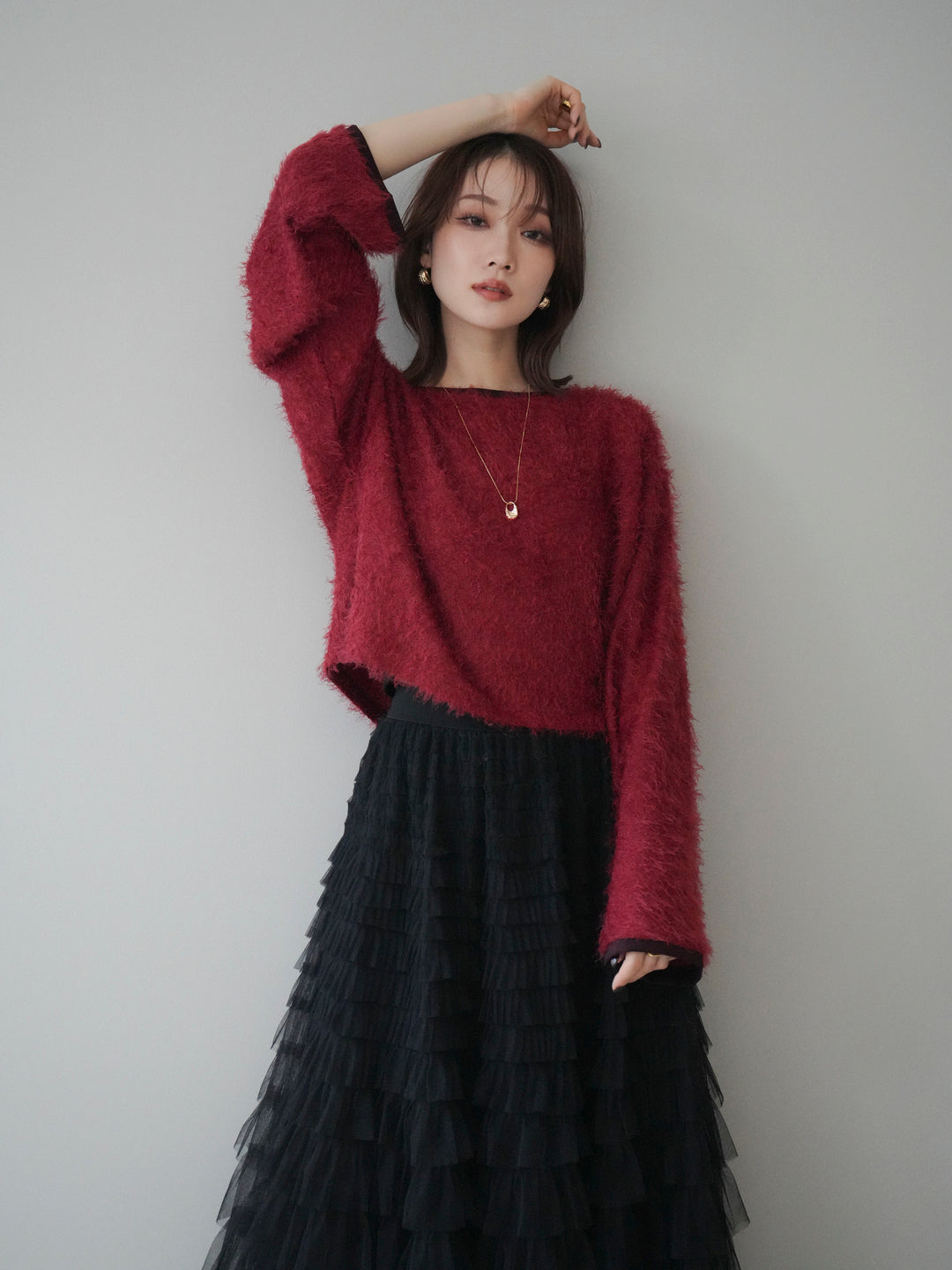 [予約]バイカラー2WAYシャギーニットカーディガン/red