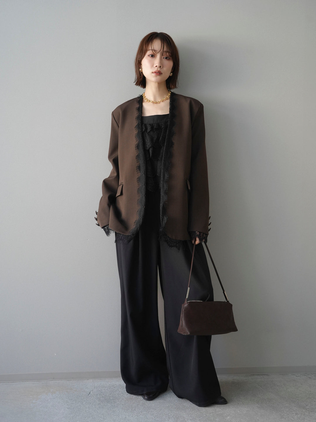 [SET]ノーカラーレースジャケット+スカラップレースフリルキャミソール+ベルト付キーホルダーモチーフワイドパンツ(3set)