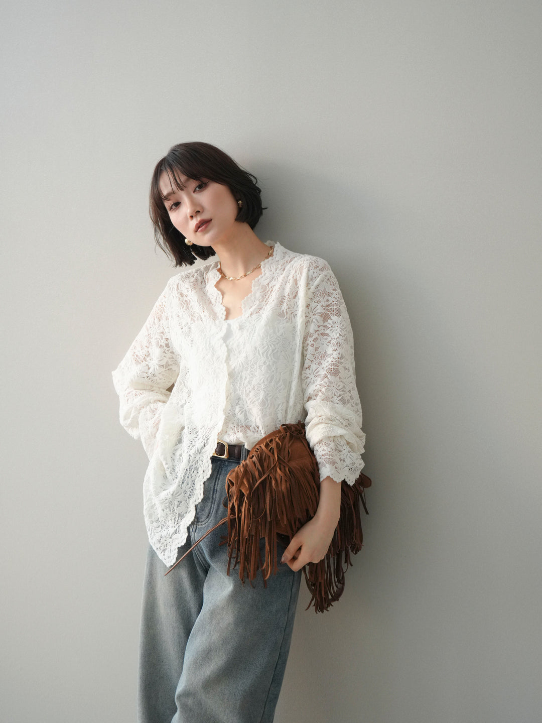 [SET]Vネックレースブラウス+選べるアクセセット(2set)