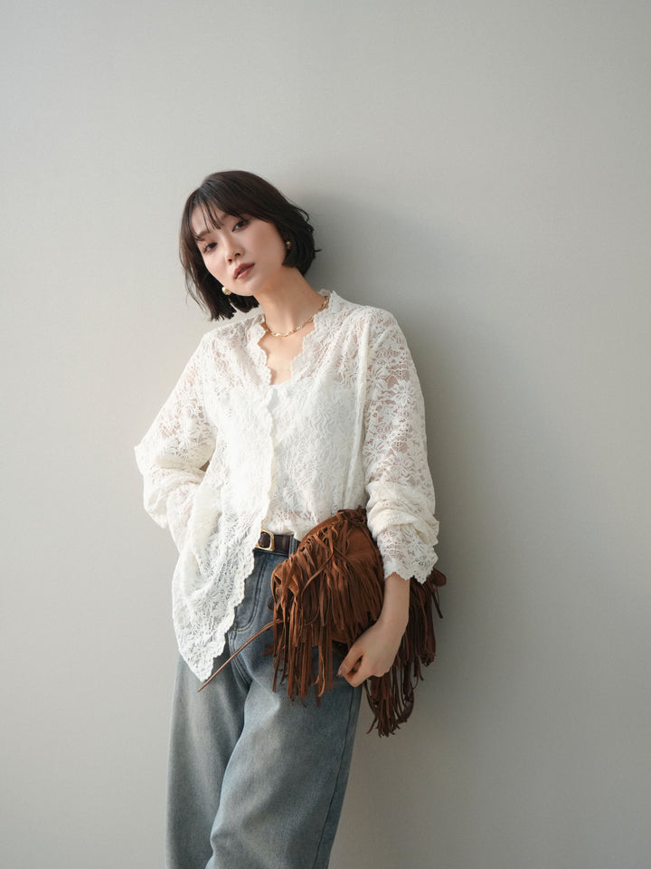 [SET]Vネックレースブラウス+選べるアクセセット(2set)