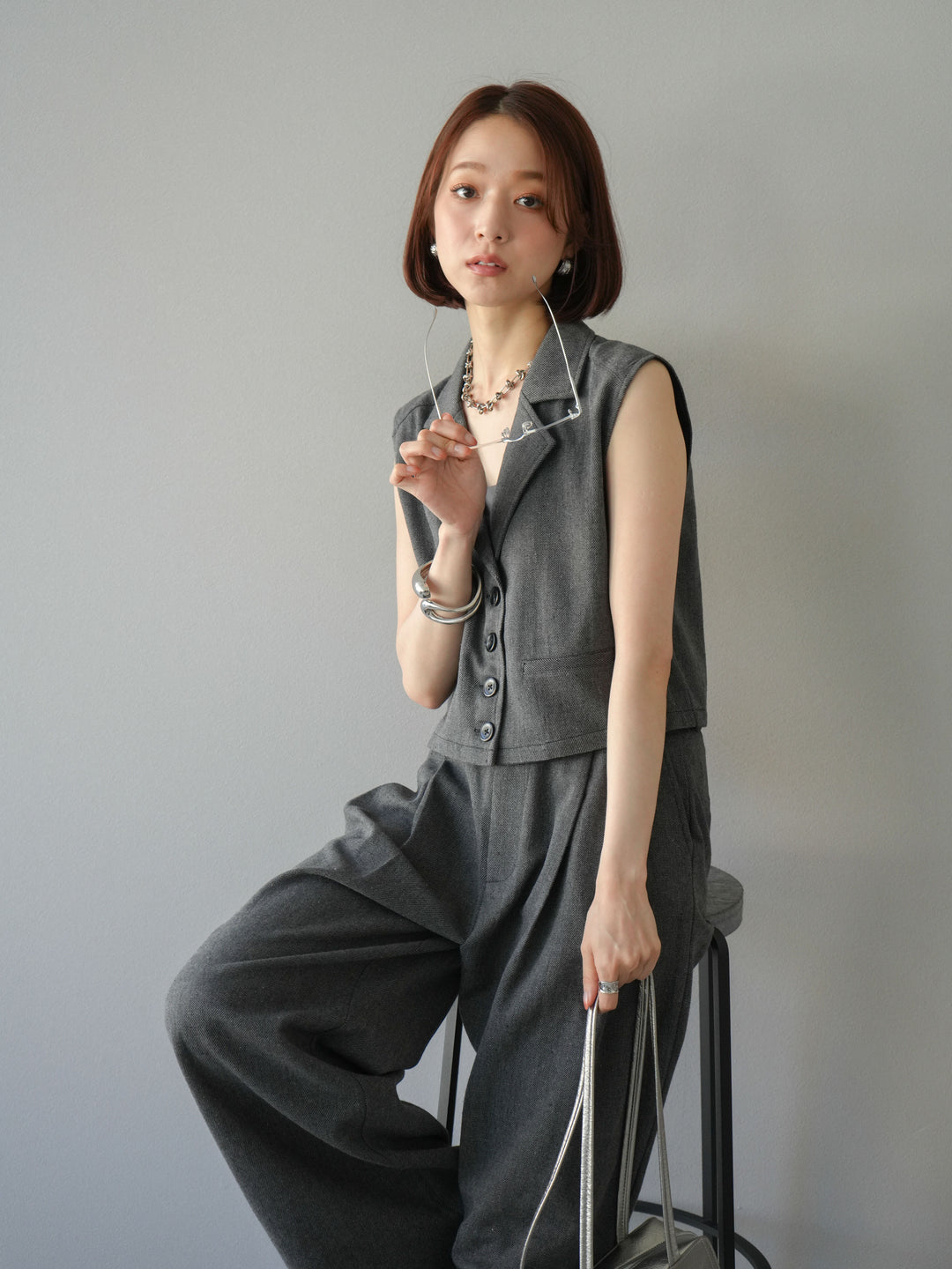 [予約]ツイードタッチテーラードジレ/ダークグレー