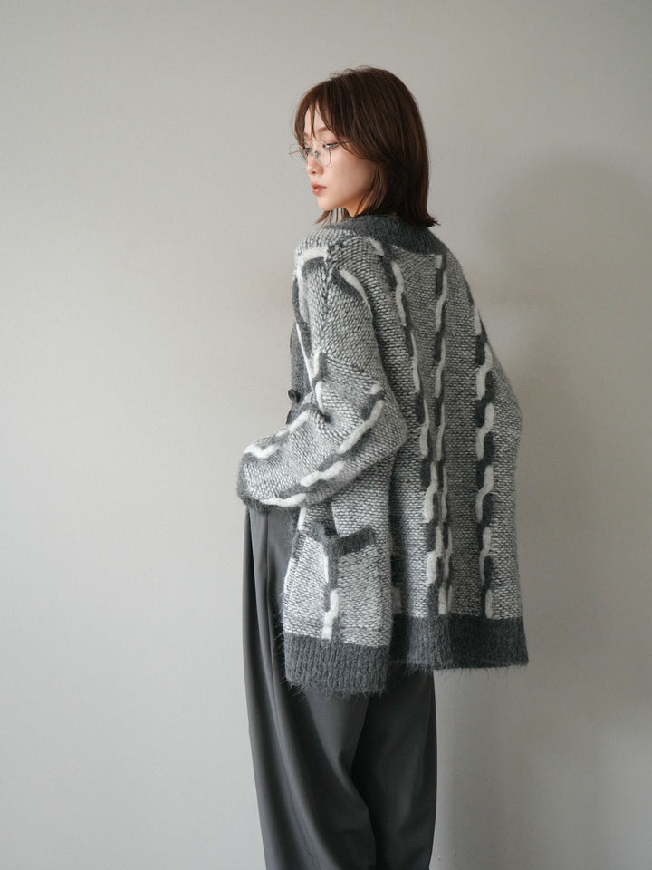 [SET]バイカラー編み込みデザインニットカーディガン+ベルトループデザインワイドパンツ(2set)