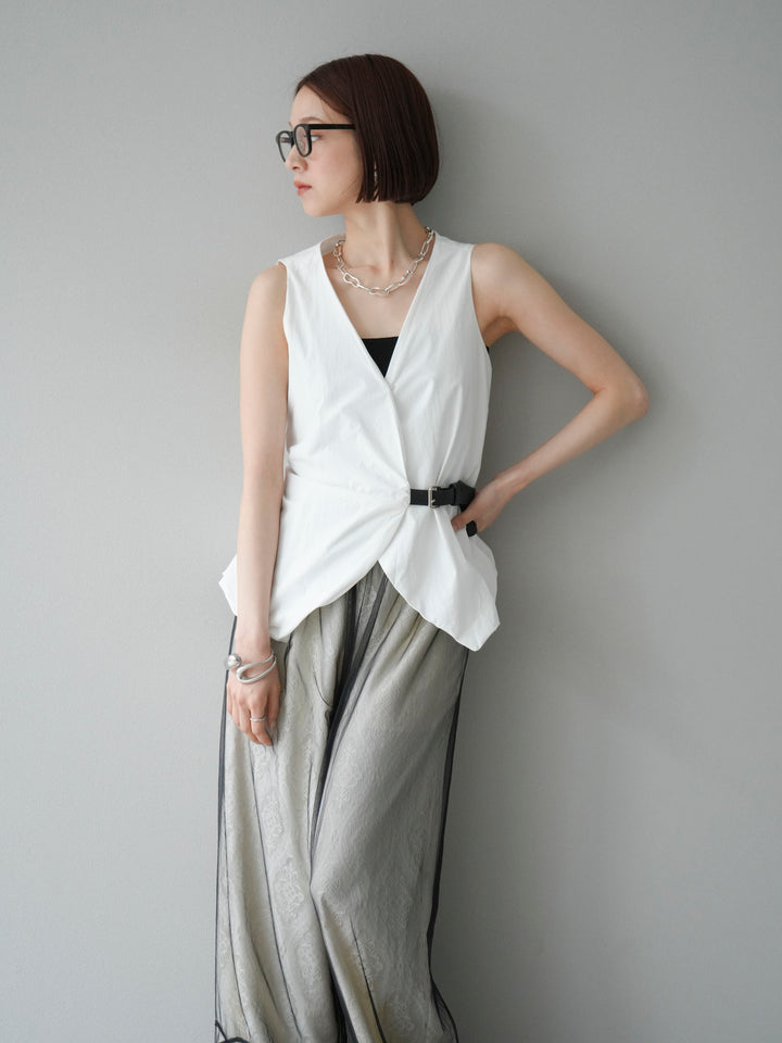 [SET]ベルトデザインバルーンブラウス+レースタックイージーパンツ(2set)