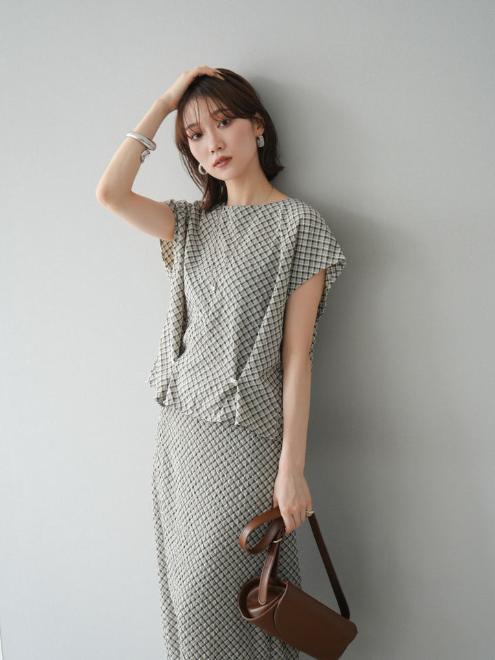 [予約]チェック柄タックデザインフレンチスリーブトップス/ブラウン