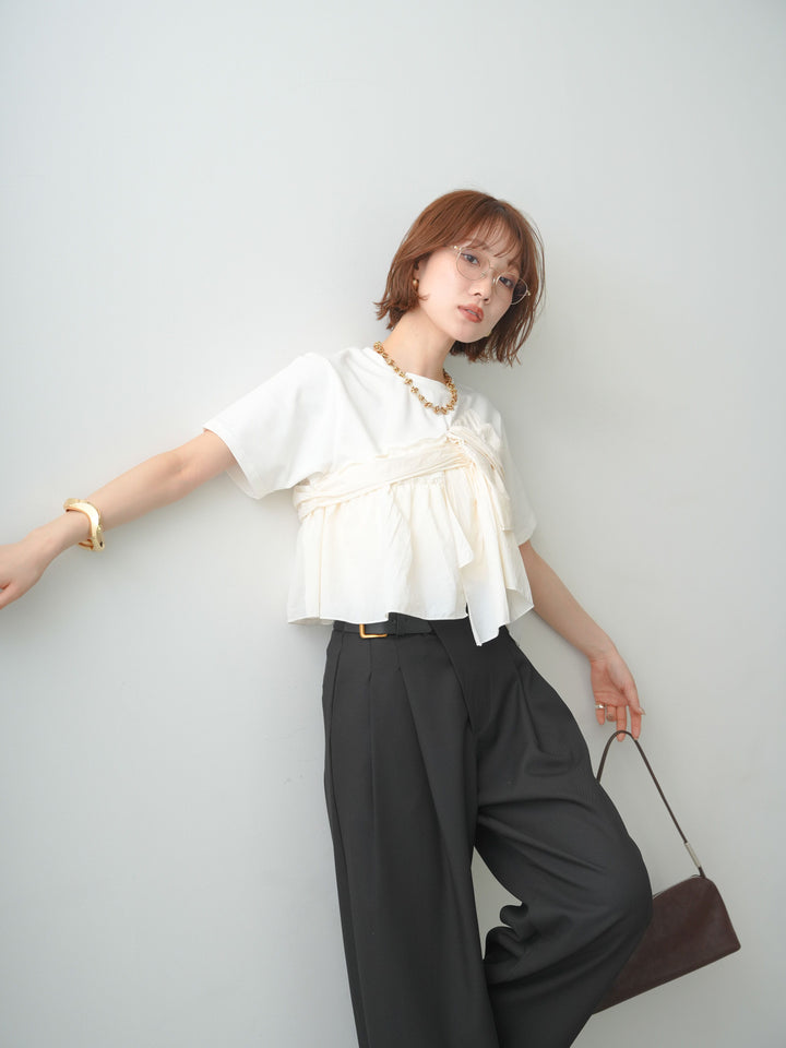 [SET]ナイロンドッキングツイストTEE +アシンメトリーベルトタックワイドパンツ(2set)