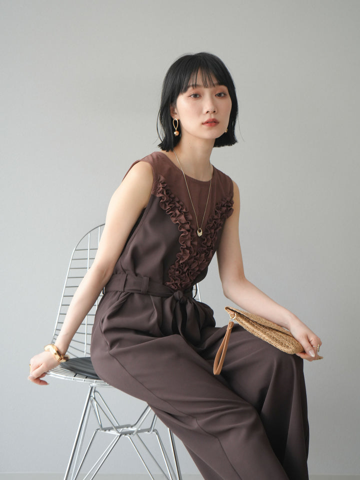 [預購] 荷葉邊設計連身褲/棕色