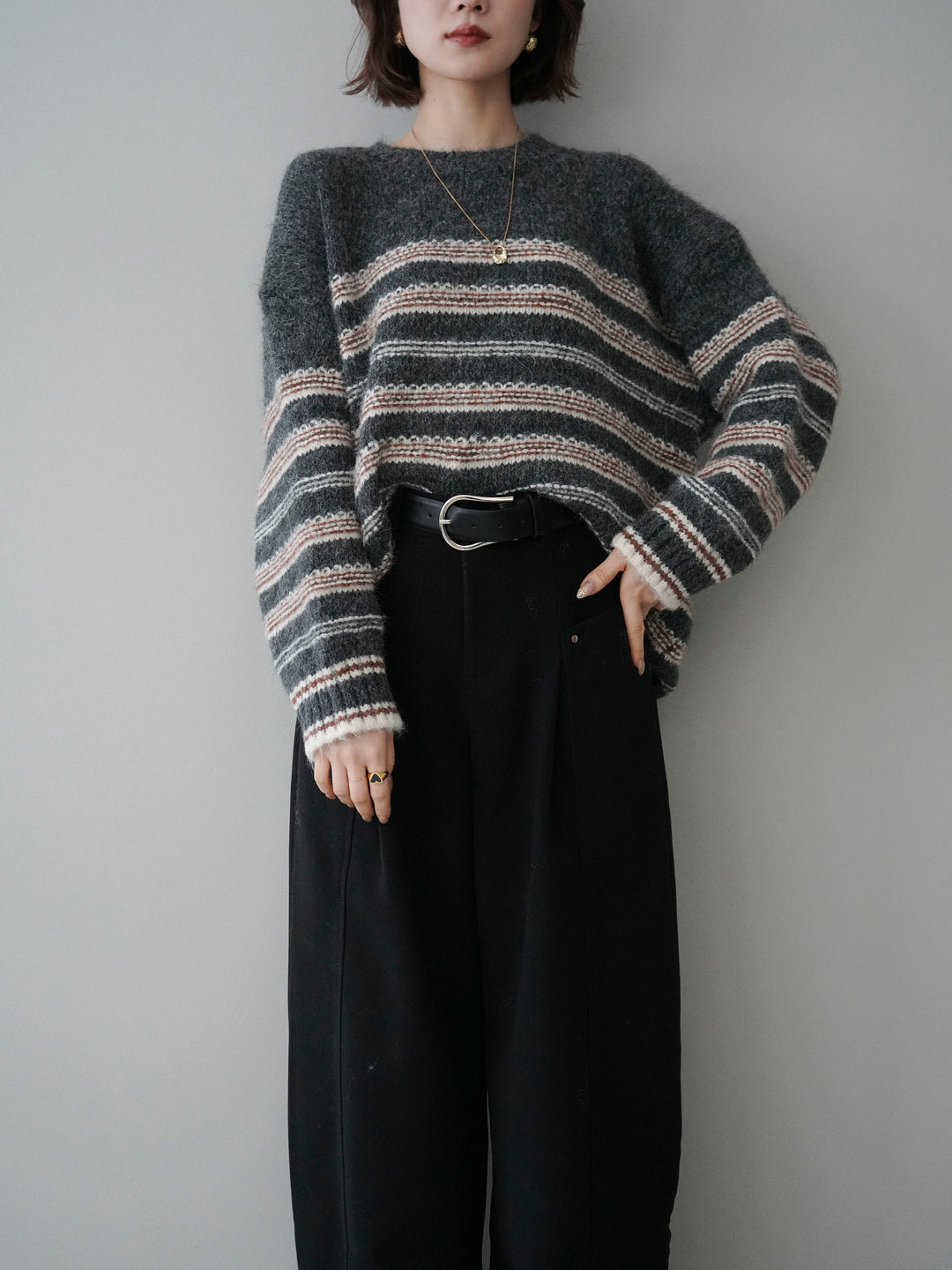 [予約]ステッチボーダーニットプルオーバー/gray