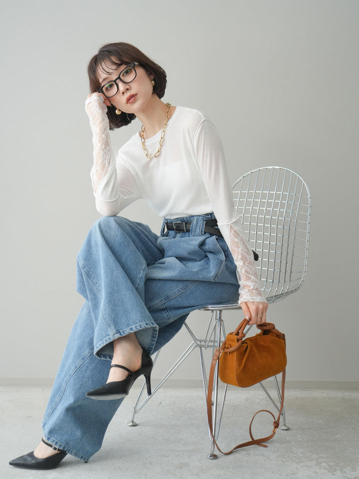 [SET]袖レースレイヤードデザインメロートップス+ハイウエストベルトループデザインデニムパンツ(2set)