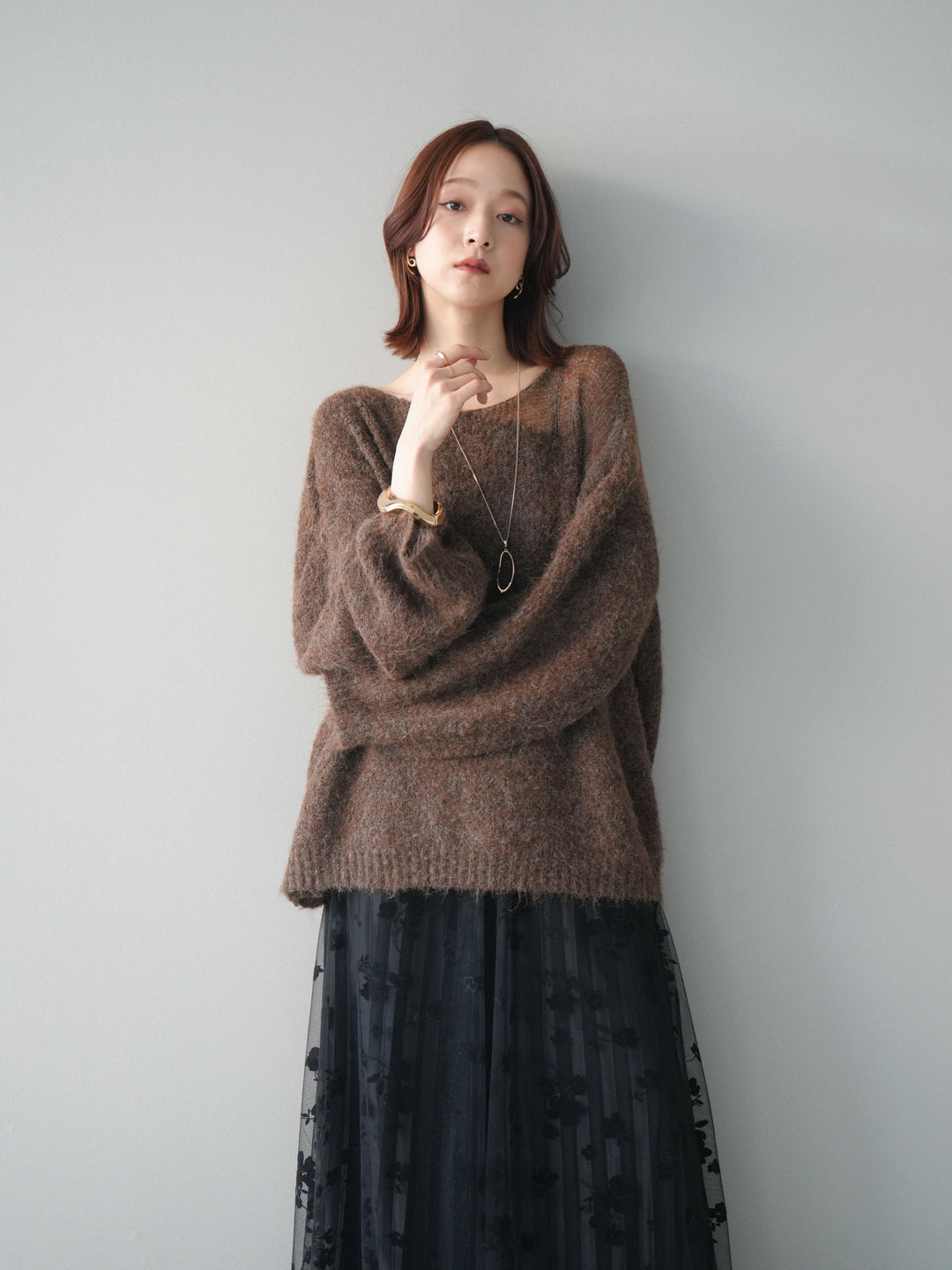 [SET]透かしデザインニットプルオーバー+フラワーフロッキーチュールプリーツスカート(2set)