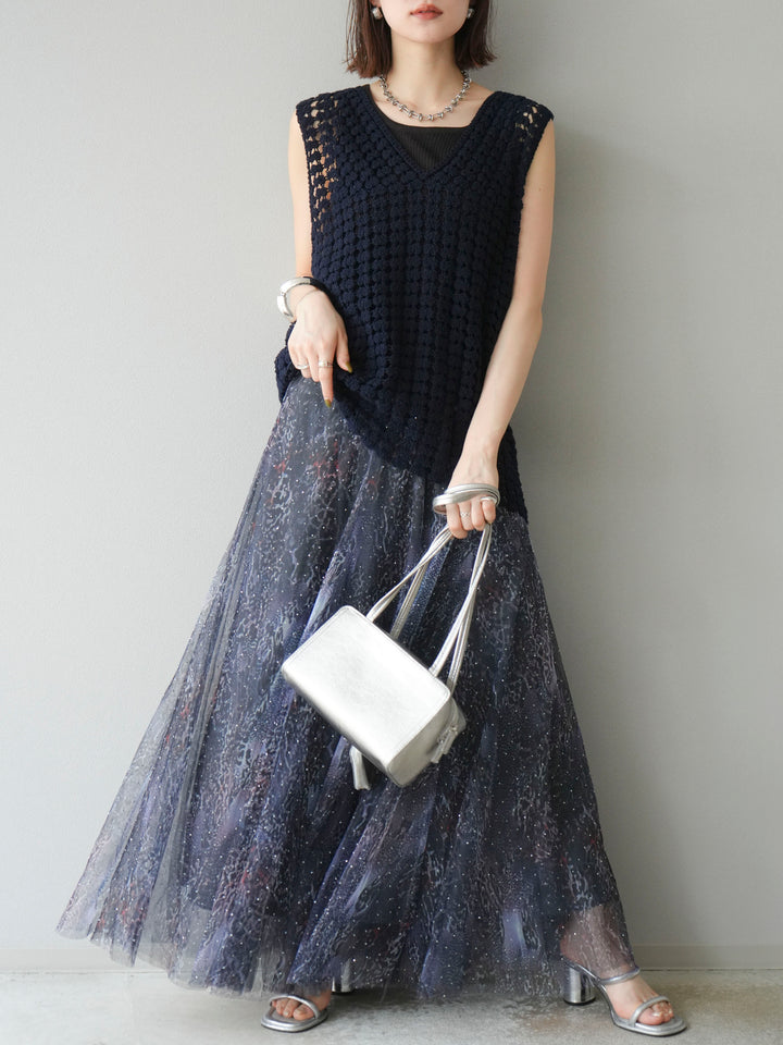 [予約]ニュアンス柄チュールレイヤードプリーツスカート/ネイビー