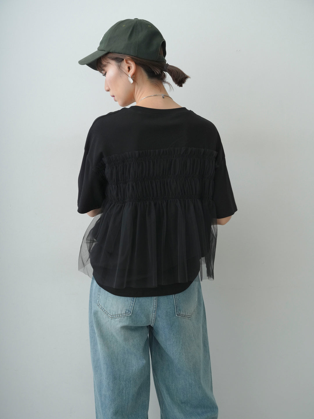 [SET]ギャザーチュールドッキングTEE+センターラインカーブクロップデニム(2set)