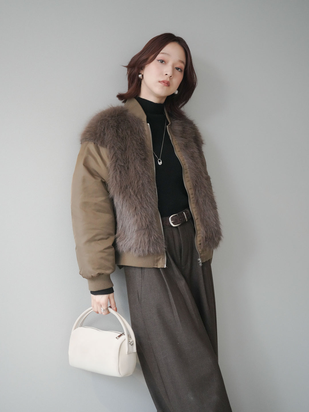 [SET]ファードッキングMA-1+袖ボタンボトルネックリブニットトップス+アニマル柄ベルト付きウールタッチワイドパンツ(3set)