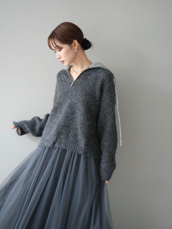 [予約]バイカラージップニットプルオーバー/charcoal