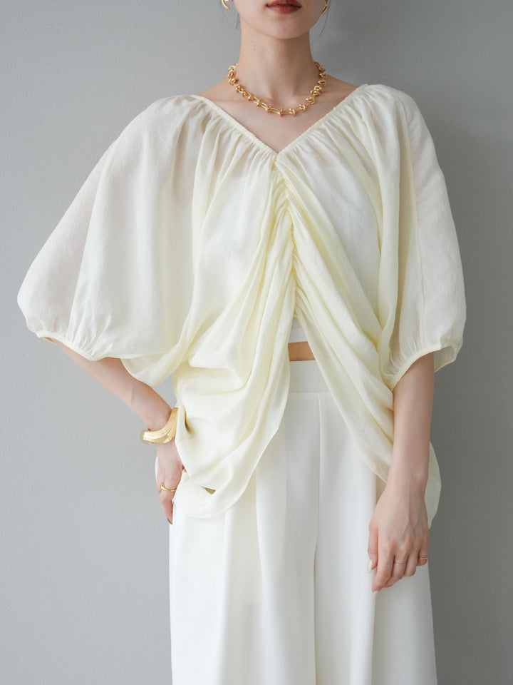 [SET]ボリュームスリーブシアータックブラウス+リネンライクイージーワイドパンツ(2set)