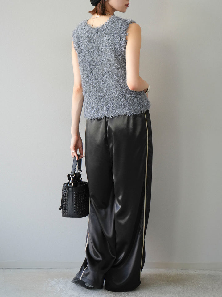 [予約]サテンラインワイドパンツ/ブラック