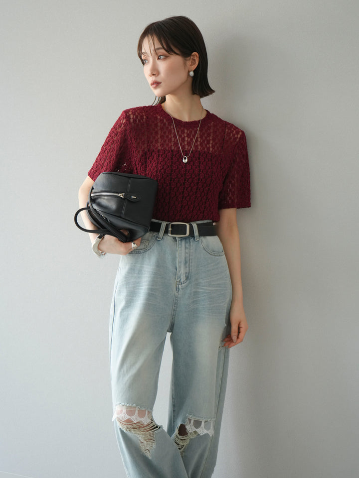 【預購】剪裁蕾絲T卹/波爾多紅