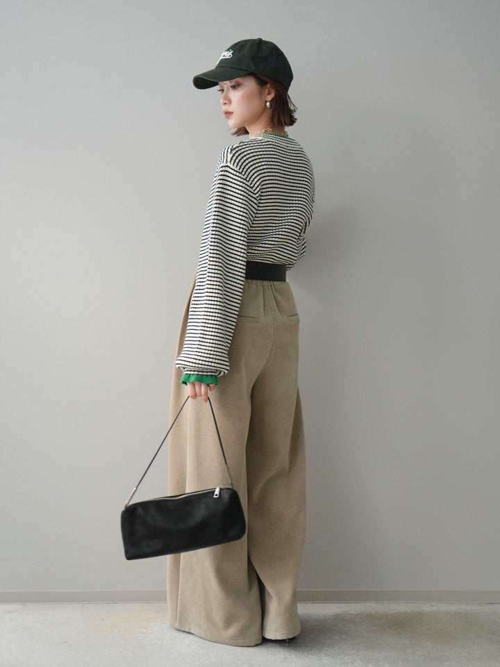 [SET]ラメ異素材ボーダーリブニットプルオーバー+ベルトデザインループコールテンワイドパンツ(ベルト付き)(2set)
