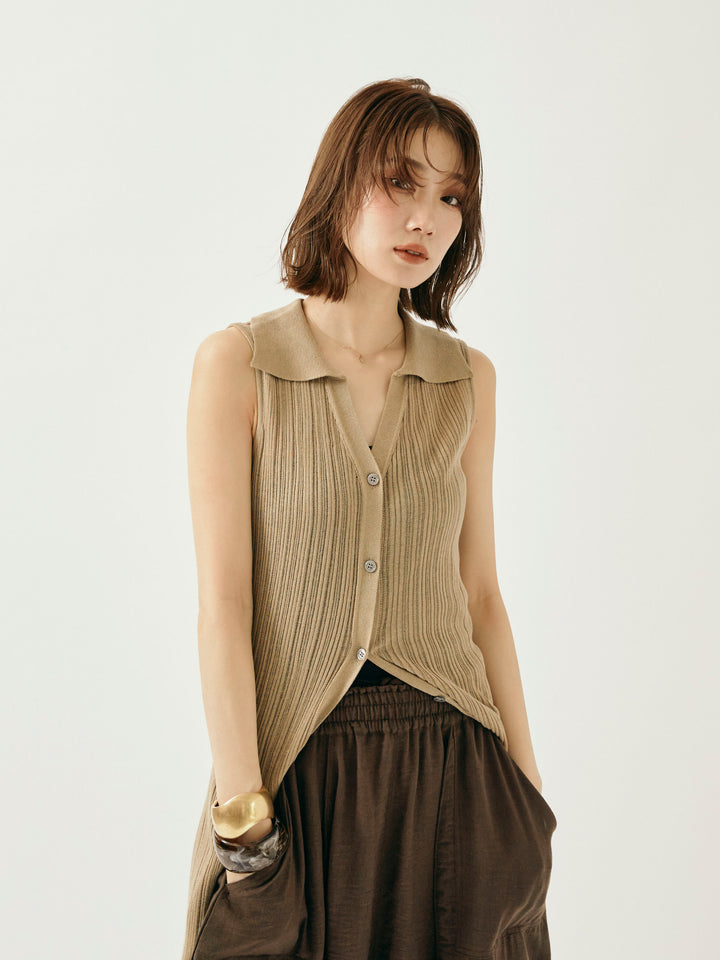 [予約]襟付きランダムリブロングニットカーディガン/ベージュ