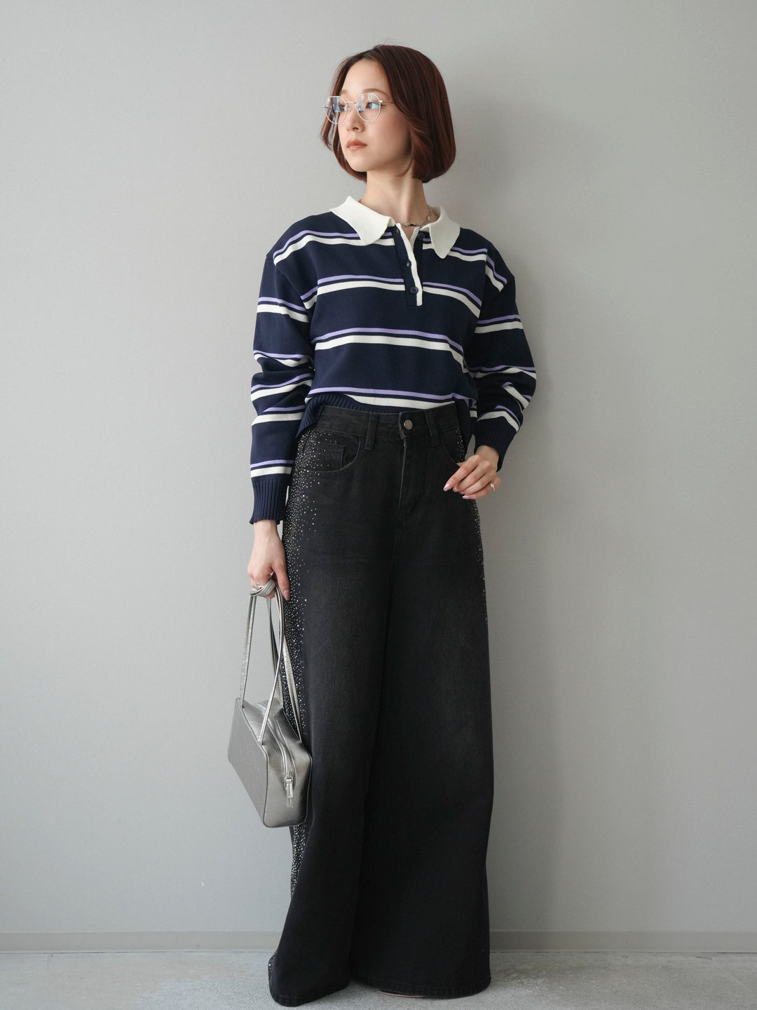 [予約]サイドビジューワイドデニムパンツ/black