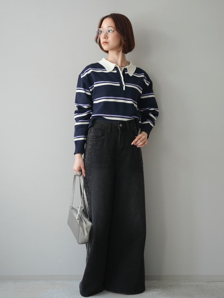 [予約]サイドビジューワイドデニムパンツ/black