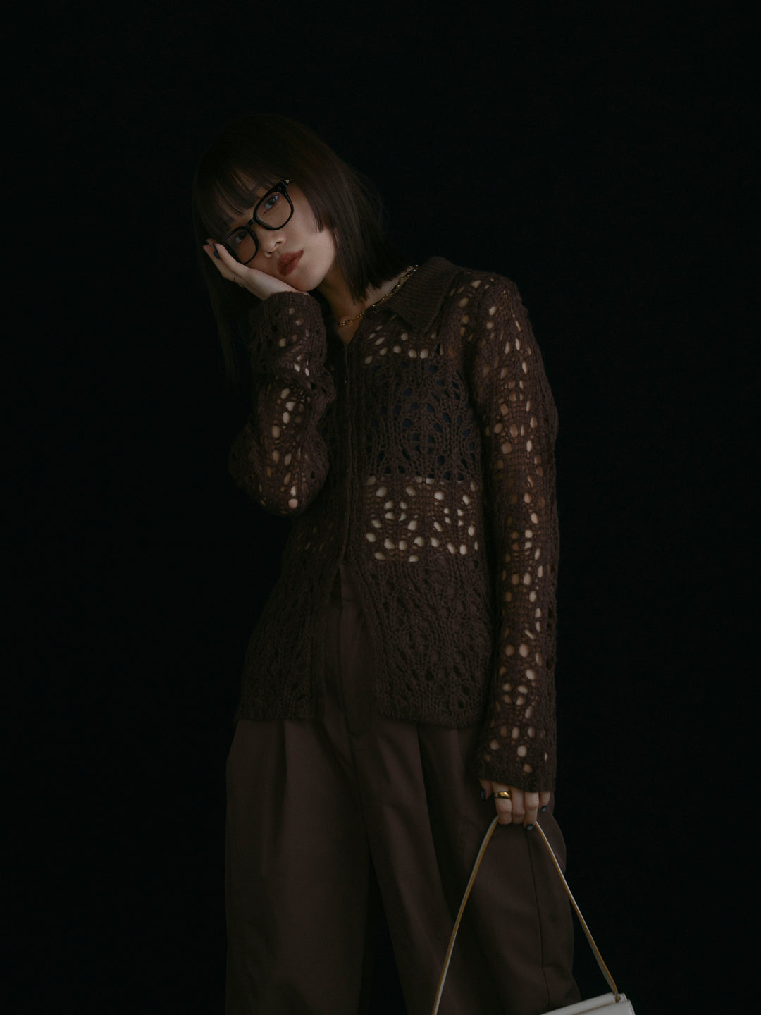 【Allure】[SET]ローゲージ透かし編みポロニッカーディガン+タフタワイドカーブパンツ(2set)