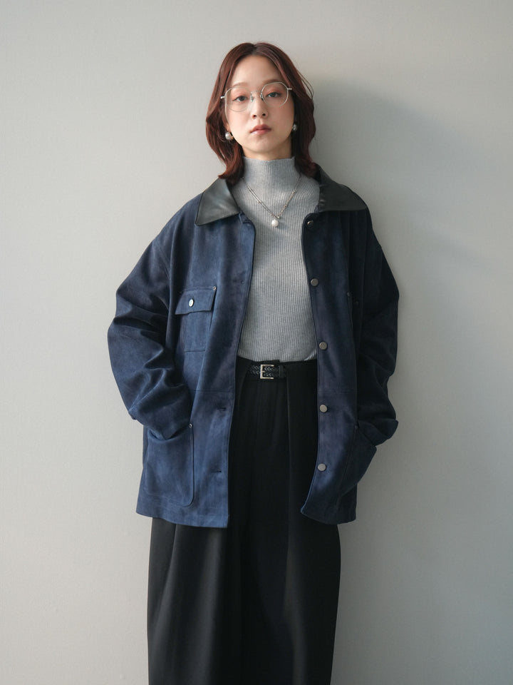 [SET]襟レザーステンカラースエードジャケット+袖ボタンボトルネックリブニットトップス+ベルトループデザインワイドパンツ(3set)