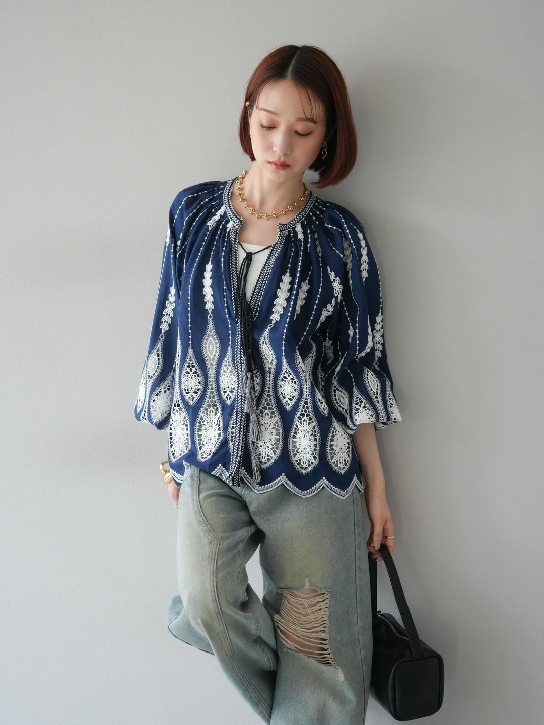 [預訂] 刺繡設計襯衫/海軍藍