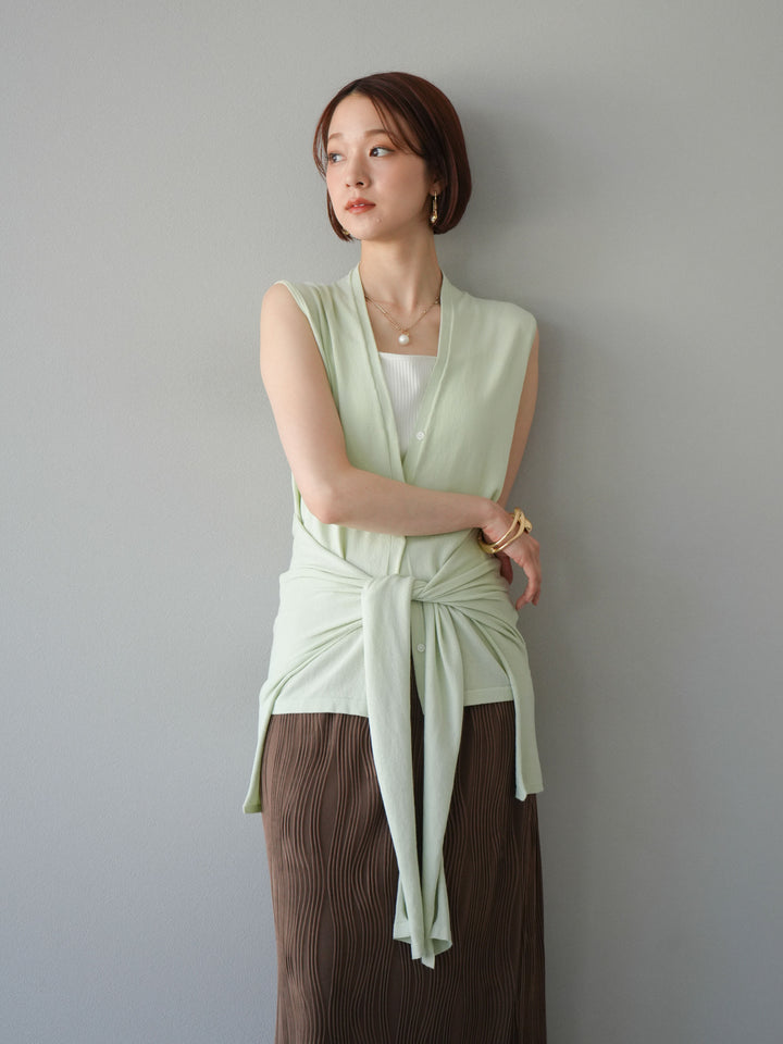 [SET]腰巻きデザインノースリーブニットカーディガン+ウェーブパイピングタイトスカート(2set)