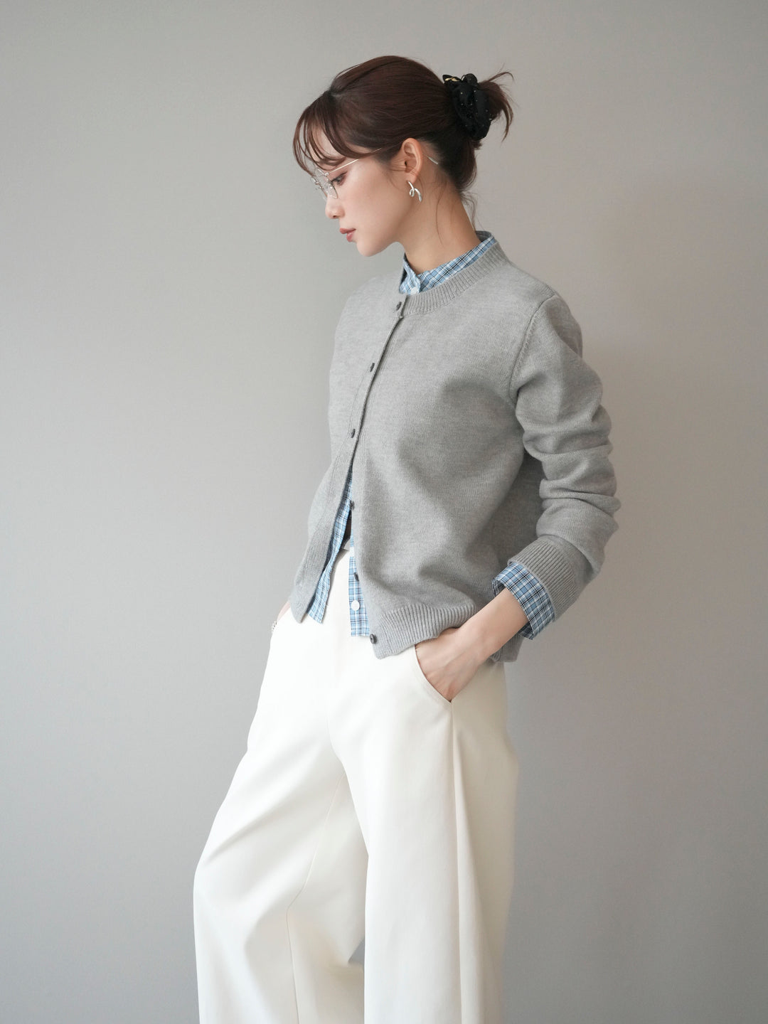 [予約]チェックシャツレイヤードデザインニットカーディガン/gray