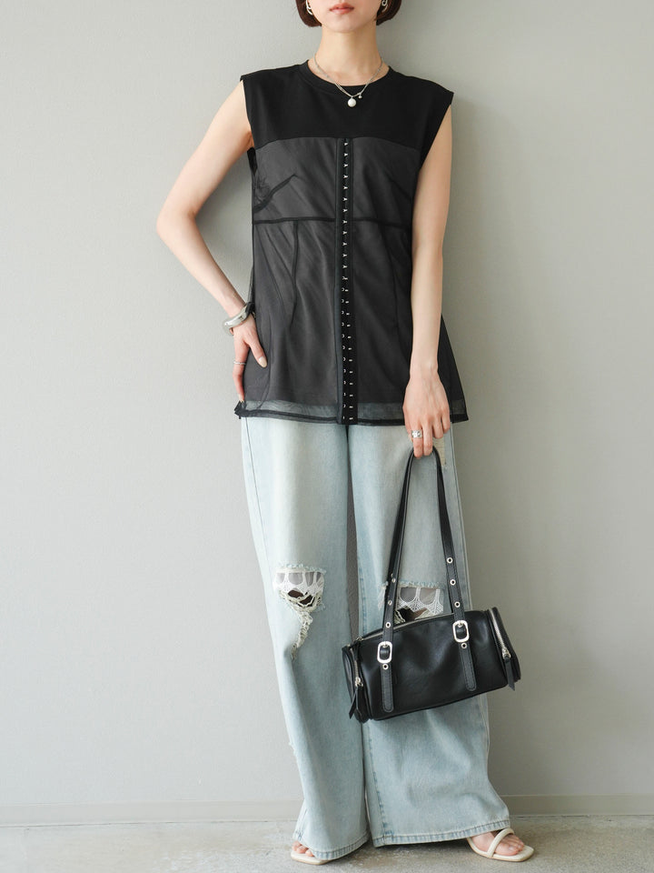 [預購] 薄紗對接鉤設計剪裁套頭衫/黑色